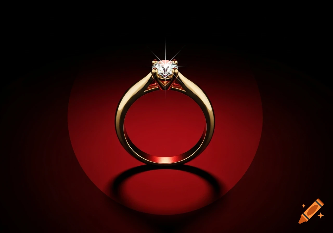 A shiny gold wedding ring with a sparkling diamond, dramatically lit against a dark red and black gradient background.