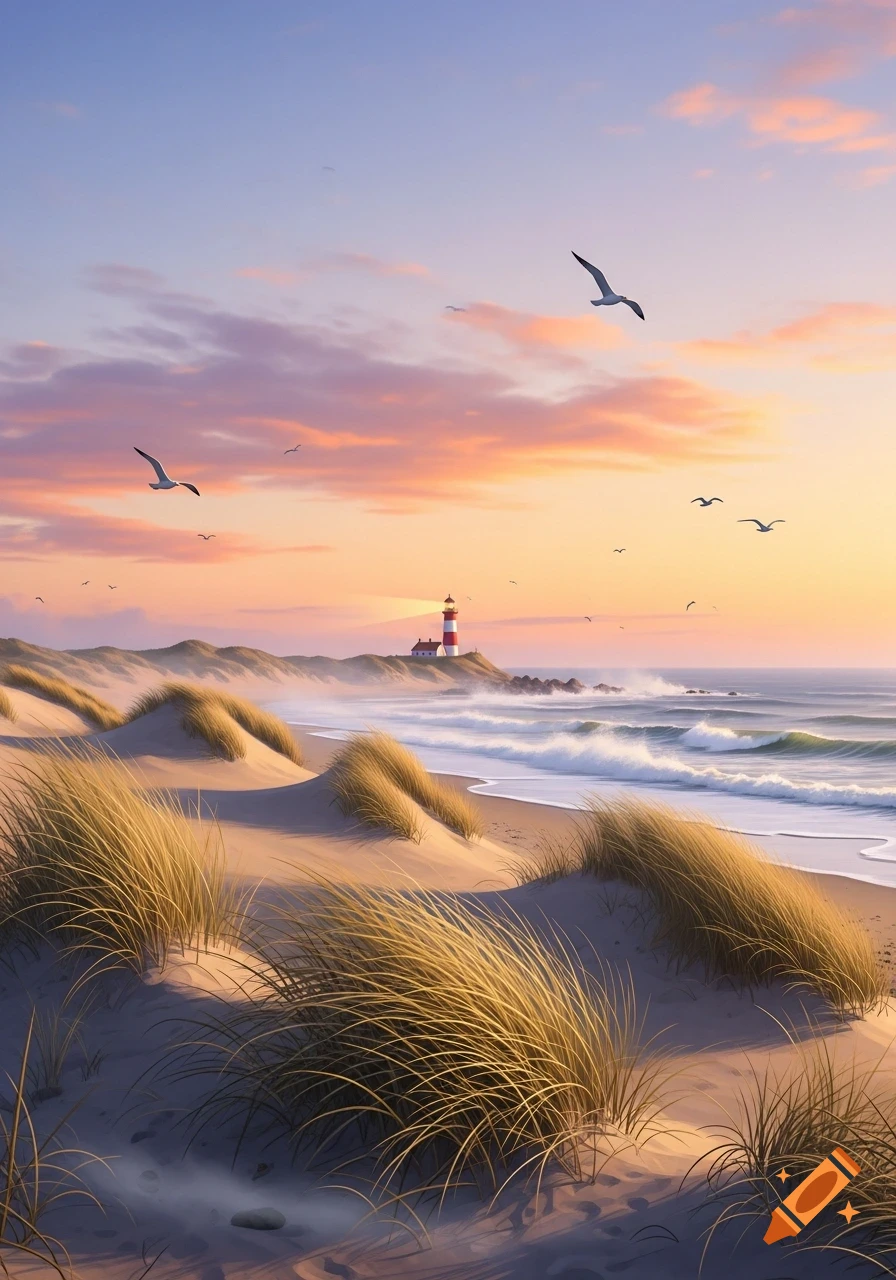 A scenic coastal landscape at sunset with a lighthouse on a cliff, sandy dunes, crashing waves, and seagulls flying in a vibrant sky.