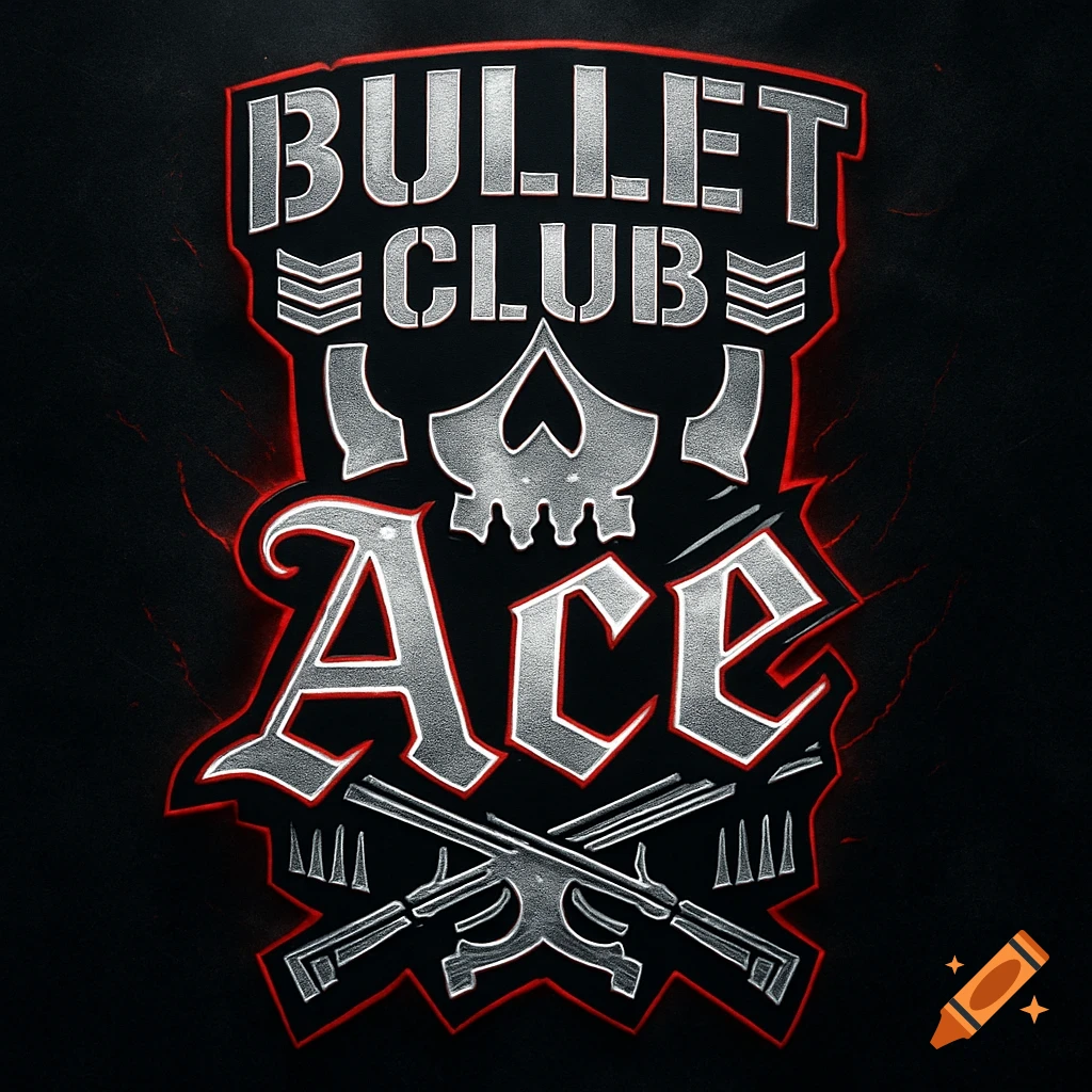 A black and red logo with 'BULLET CLUB' and 'Ace' in metallic silver lettering, featuring a stylized skull and crossed rifles.