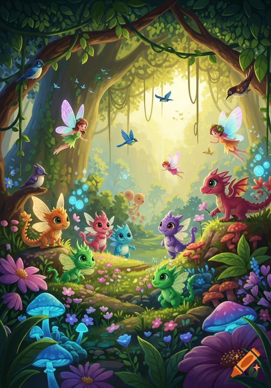 Colorful fairies and various baby dragons in a vibrant, magical forest with glowing mushrooms and birds.