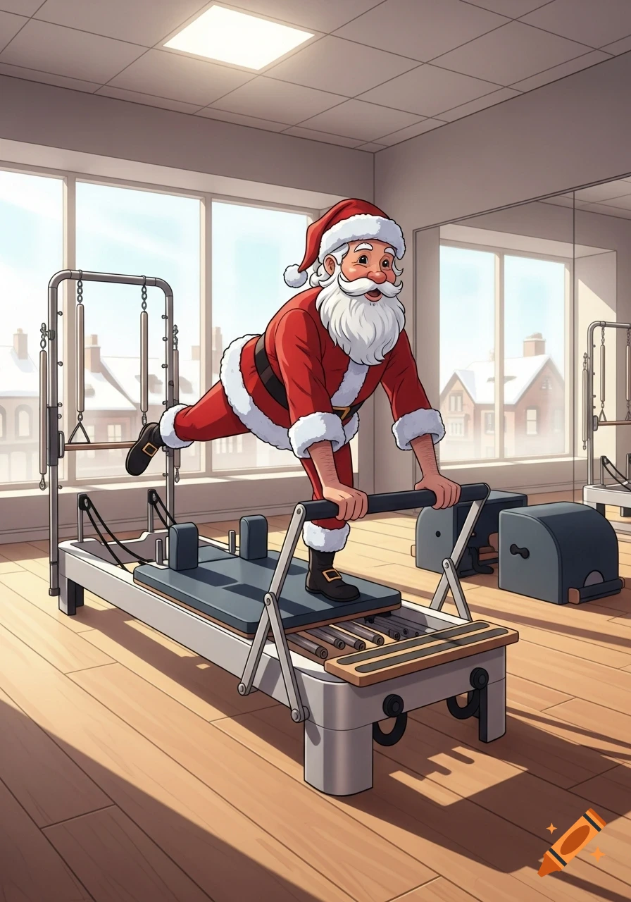 Santa Claus performing a pilates exercise on a reformer machine in a bright studio, cartoon illustration style.