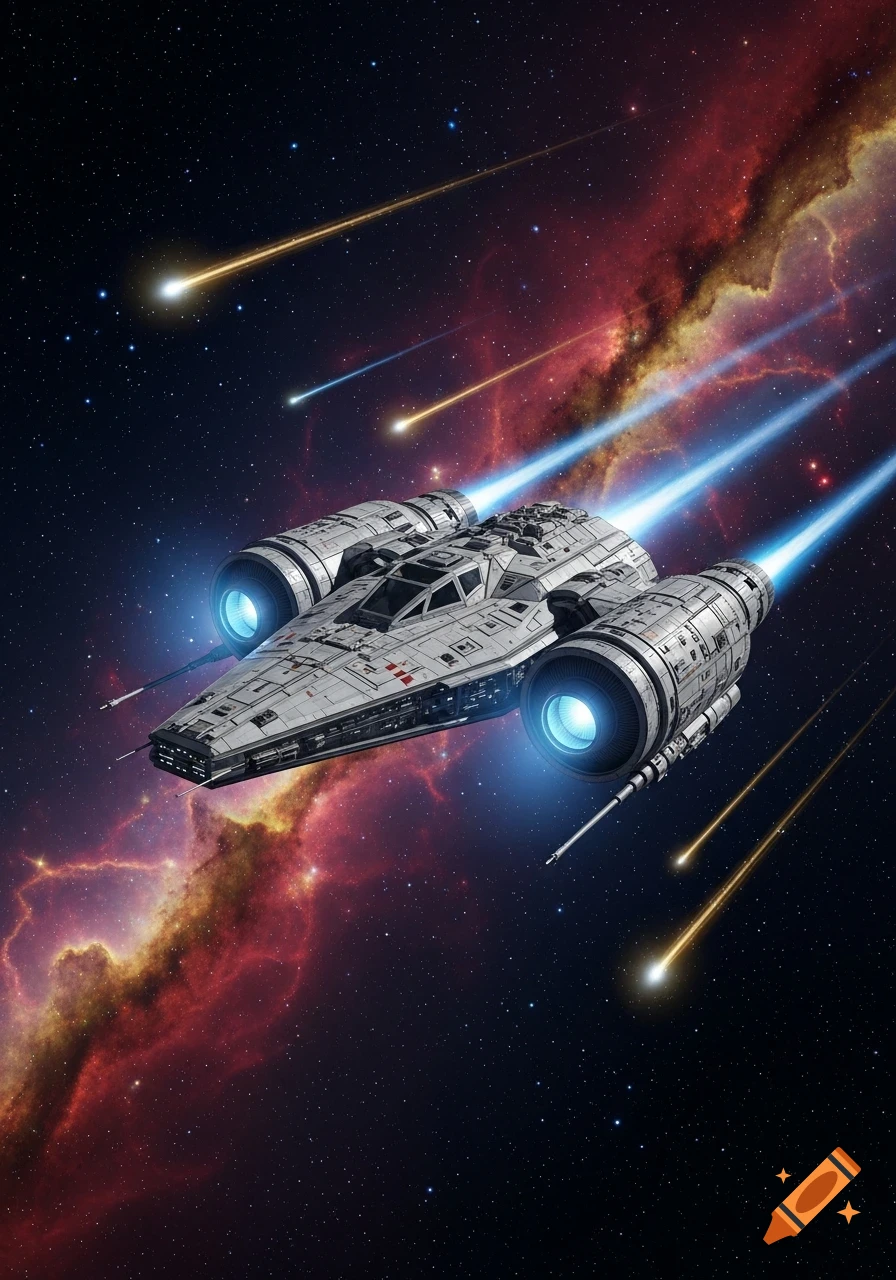 A detailed silver spaceship with glowing blue engines flies through a star-filled nebula with shooting stars.