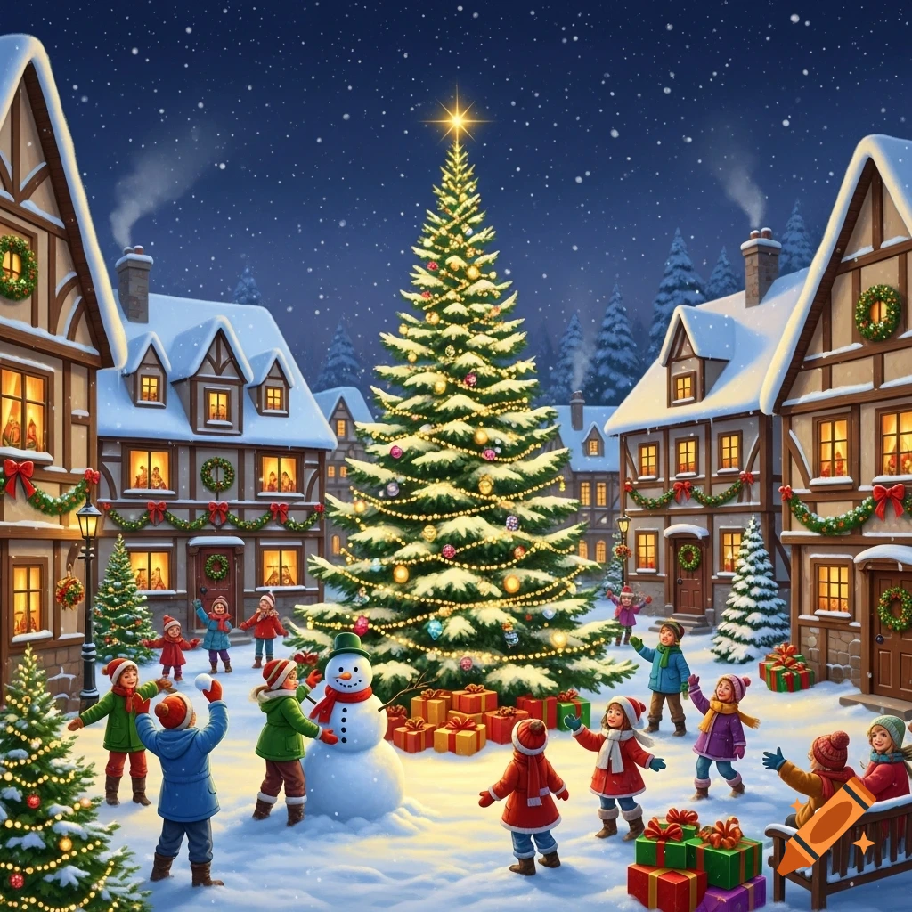Children play in a snowy Christmas village around a decorated tree and snowman, with festive houses under a starry night sky.