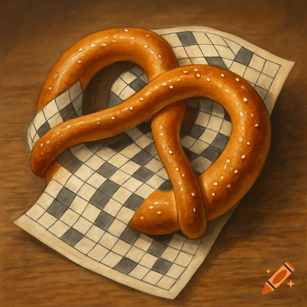 A soft, golden-brown pretzel with salt crystals rests on a checkered napkin on a wooden table.