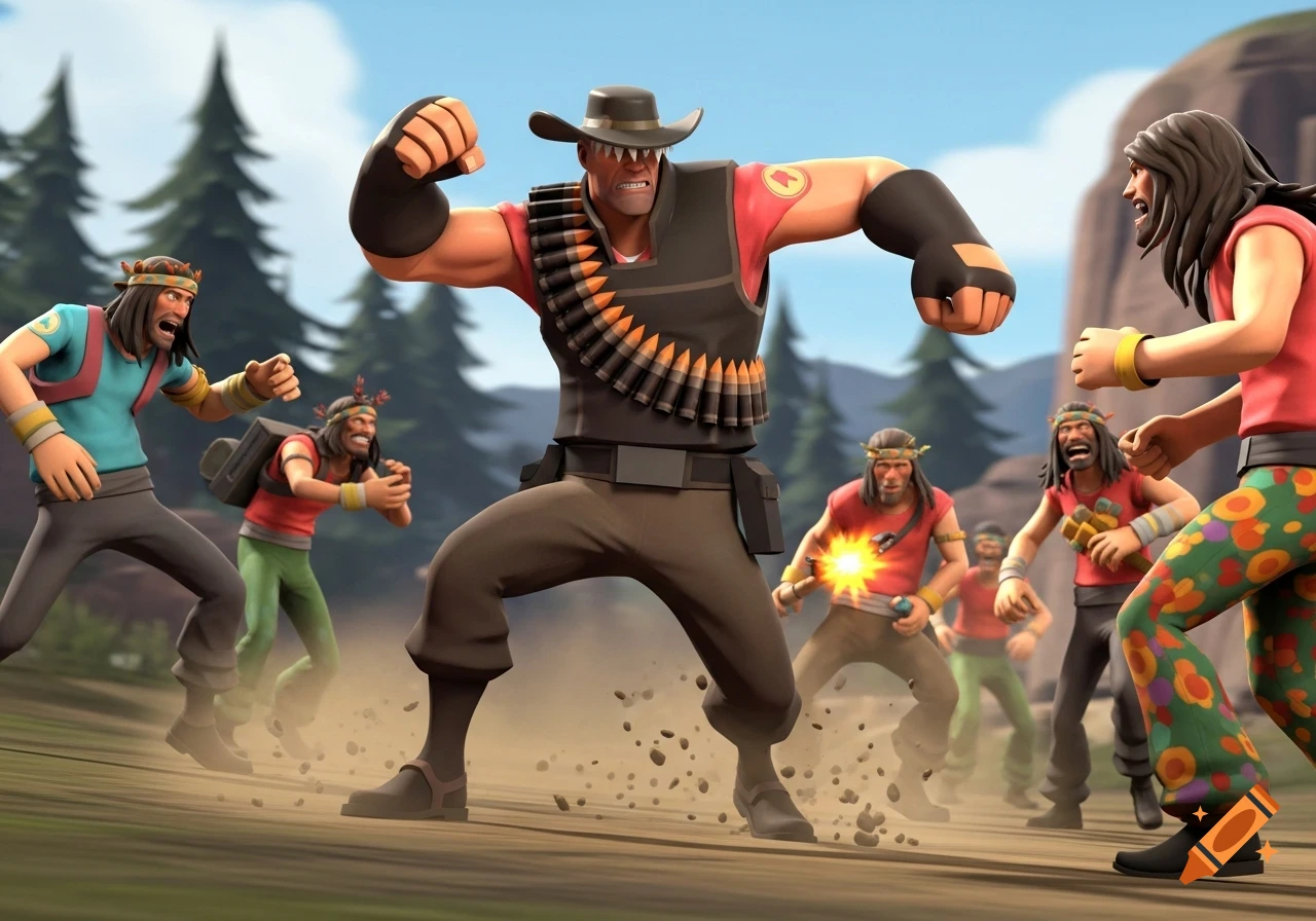 Saxton Hale, a muscular man in a cowboy hat and bullet belt, fights a crowd of hippies in a dynamic cartoon battle scene outdoors.