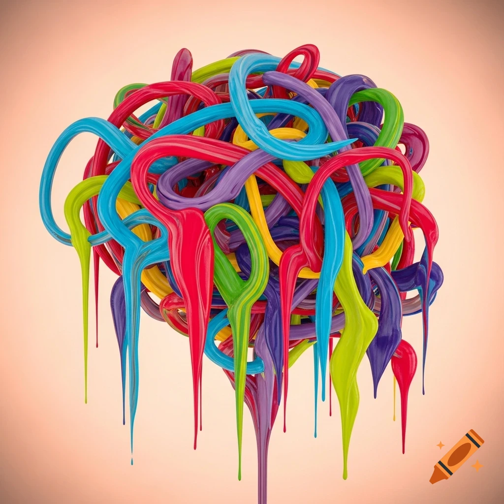 A vibrant, tangled mass of glossy, colorful, dripping tubular shapes against a soft background.