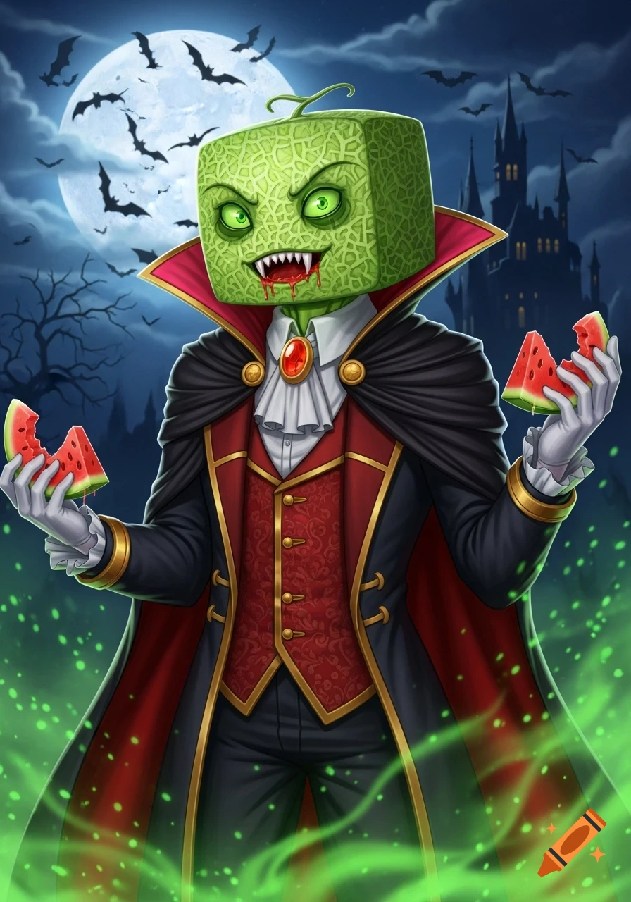 A cartoonish melon-headed vampire with green eyes and fangs drips melon juice while holding watermelon slices. A full moon, bats, and a gothic castle are in the background. Digital illustration.