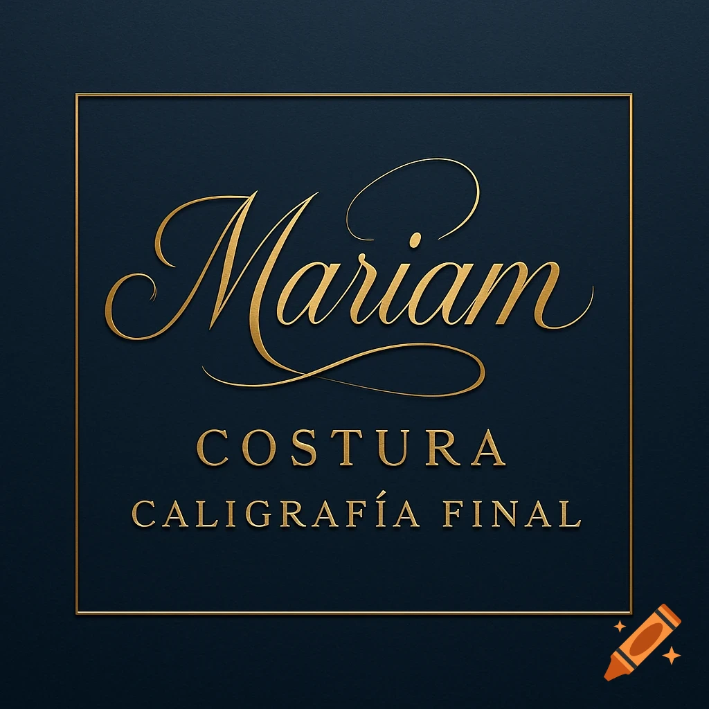 Gold 'Mariam Costura Caligrafía Final' logo in elegant script and sans-serif text within a gold frame on a dark blue background.