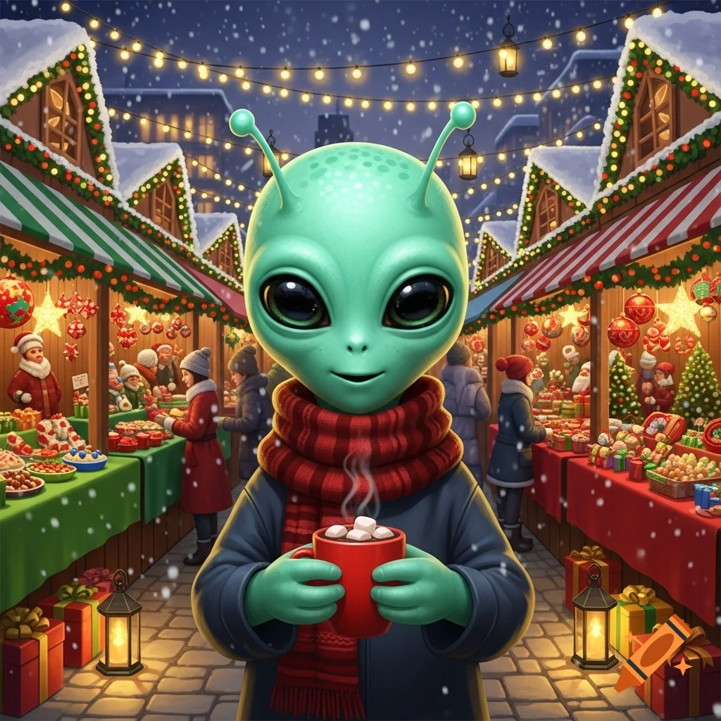 Friendly green alien in a red scarf and blue coat holds a mug of hot cocoa at a snowy, festive Christmas market.
