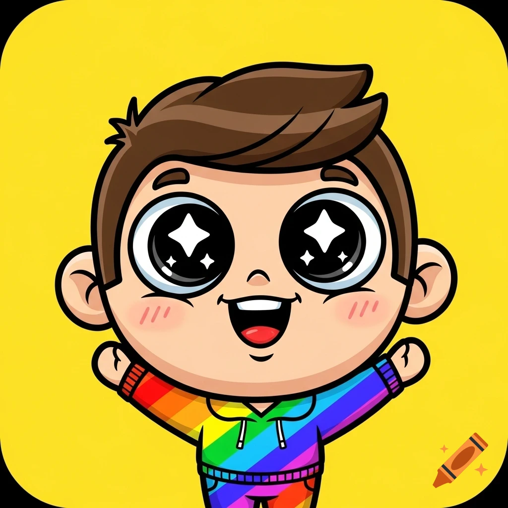 A cartoon boy with brown hair and big sparkling eyes smiles happily, wearing a rainbow-striped hoodie, against a bright yellow background.