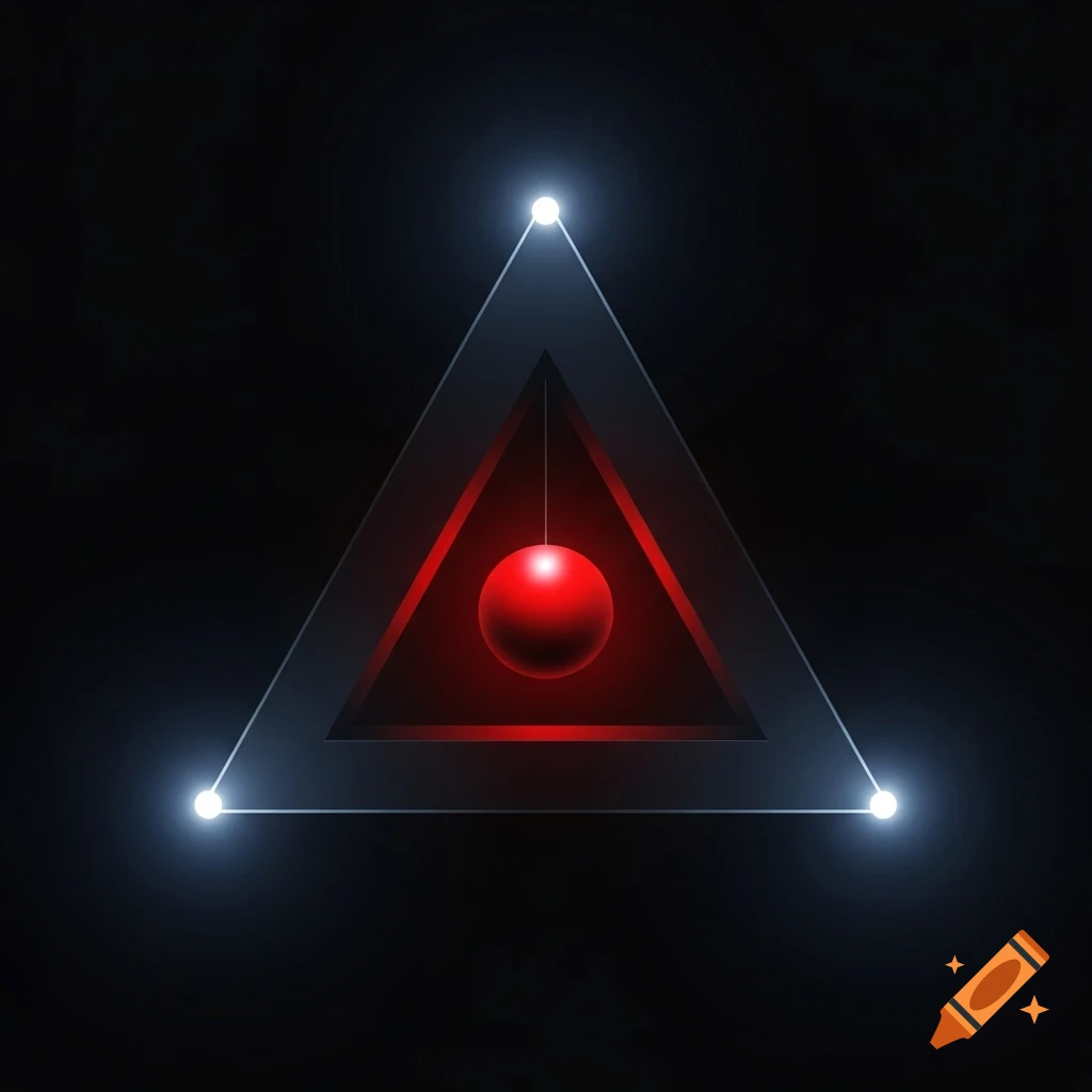 A glowing white outline of a triangle with white lights at its corners, containing a central red sphere suspended by a line, on a dark background.