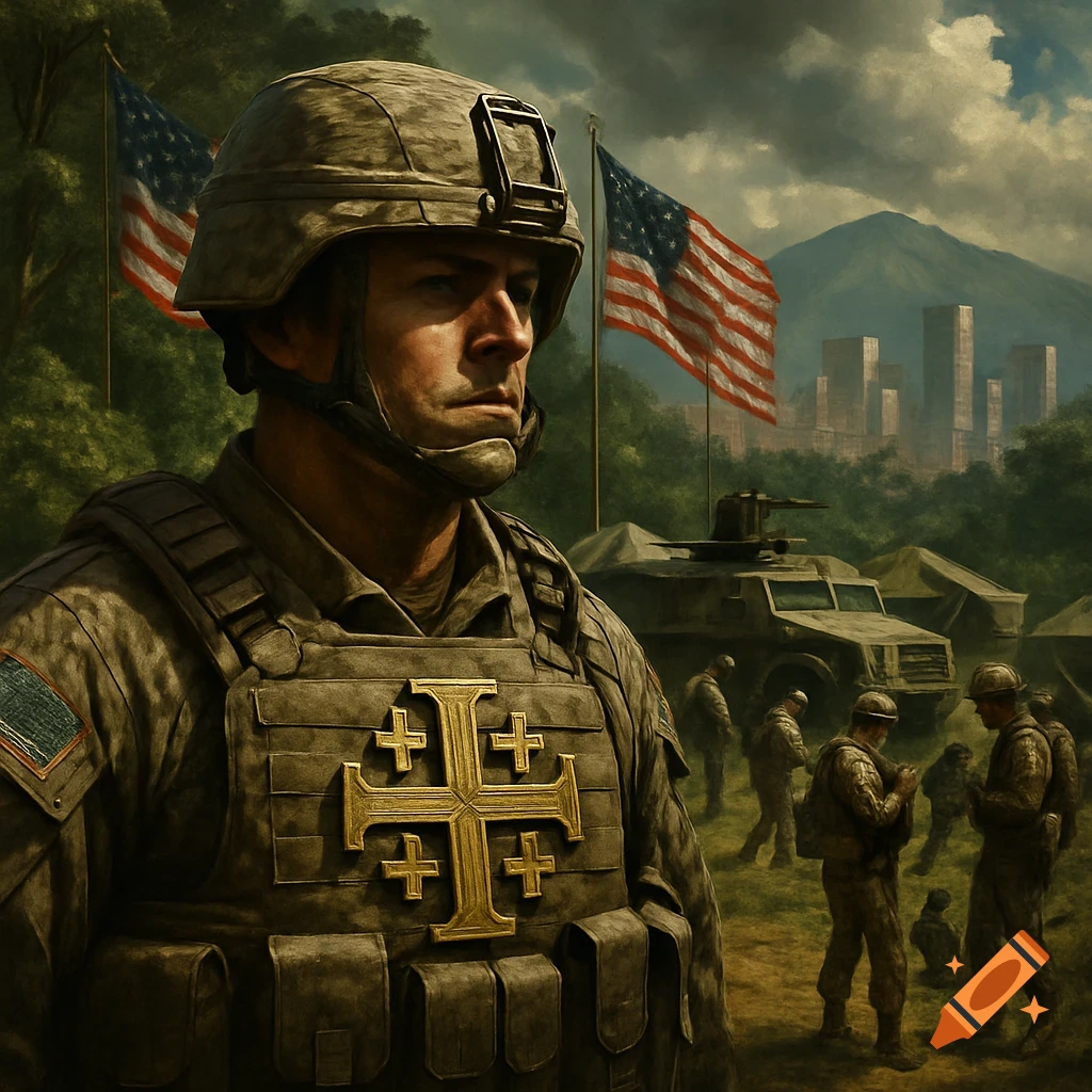A soldier in camouflage, wearing a helmet and a flak vest with a large golden Jerusalem Cross, stands in a military camp with US flags, an armored vehicle, and other soldiers in the background. A city and mountains are visible under a cloudy sky.