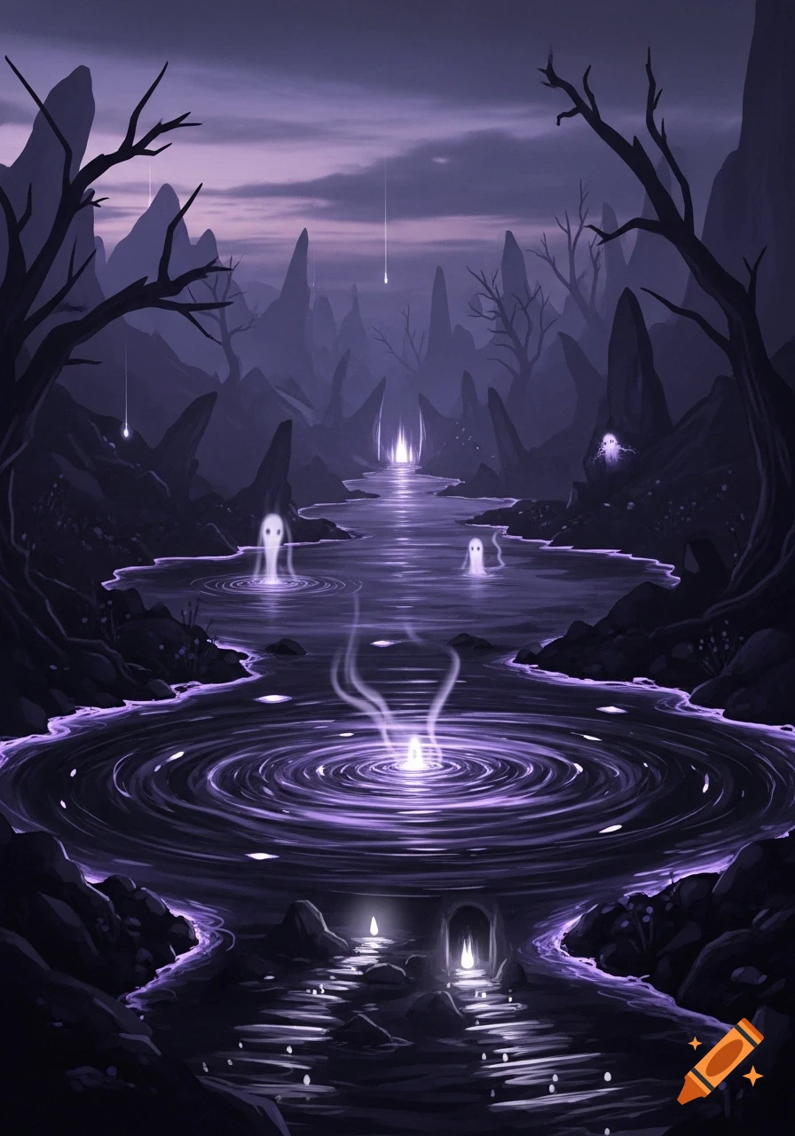 A dark fantasy landscape with a glowing purple river, ghostly figures, barren trees, and jagged mountains under a somber sky.
