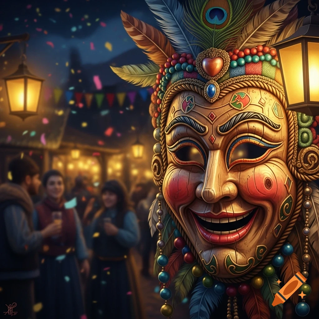 A colorful wooden carnival mask with a wide smile and feathers, set against a blurred nighttime festival background with confetti and lanterns.