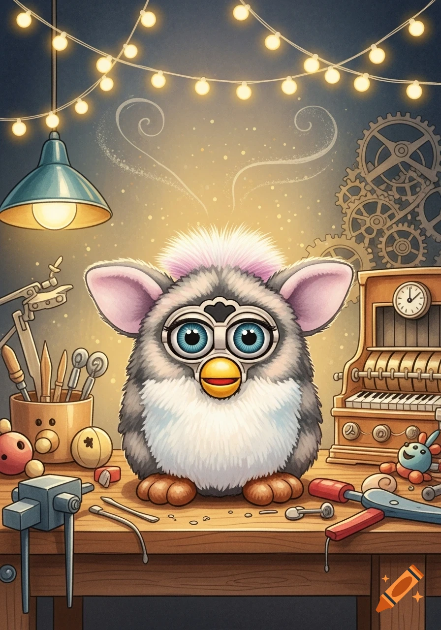 A fluffy, grey and white Furby-like creature with large blue eyes sits on a wooden workbench amidst crafting tools and steampunk gears under string lights, in a whimsical illustration.