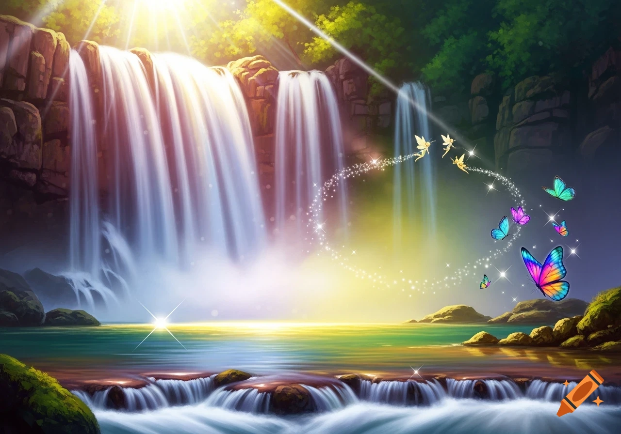 A magical waterfall cascades into a luminous pool under bright sunlight, with colorful butterflies and sparkling pixies flying nearby.