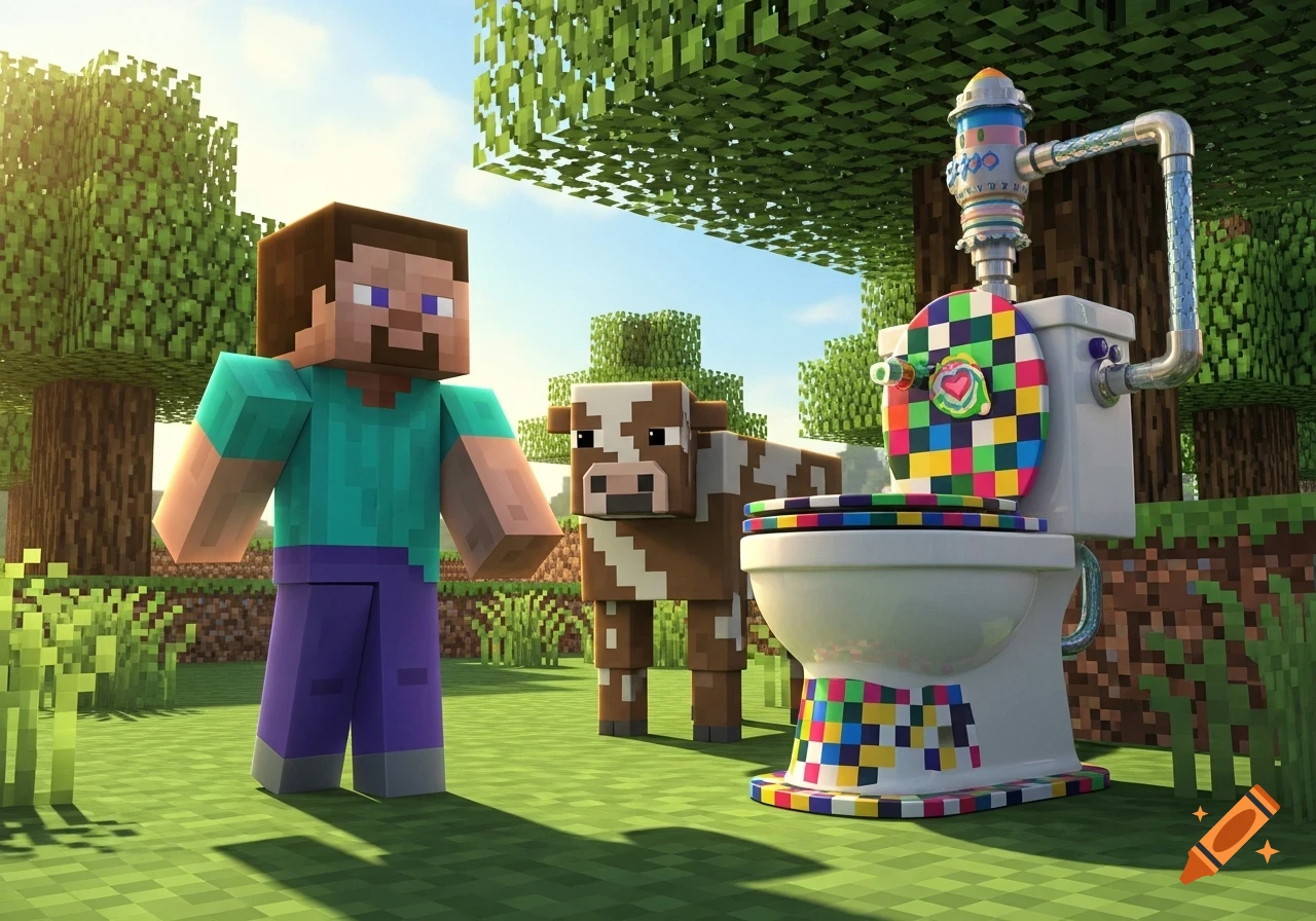 Minecraft Steve and a cow stand next to a colorful, blocky Skibidi toilet in an outdoor setting.