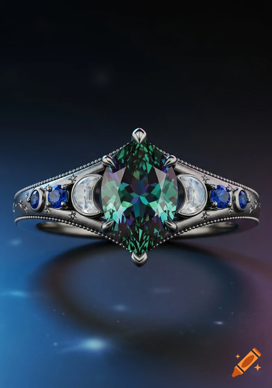 A photorealistic celestial engagement ring with a pear-cut alexandrite, blue sapphires, moonstone accents, and engraved stars on a dark black gold band.
