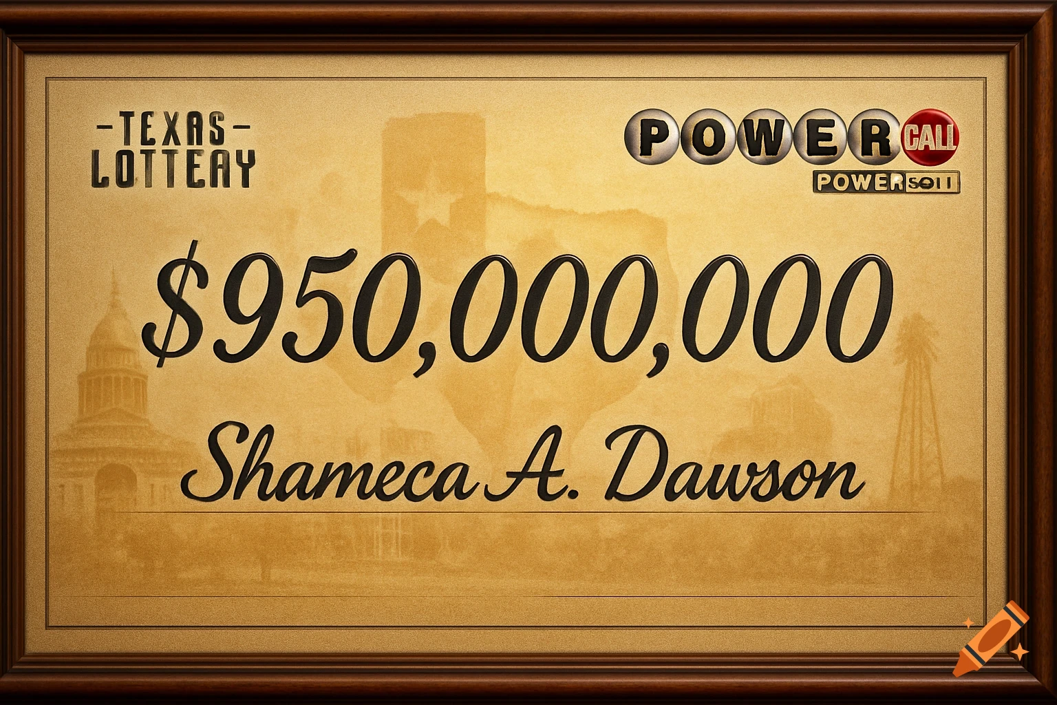A framed Texas Lottery Powerball check for $950,000,000 made out to Shameca A. Dawson, with a sepia-toned background showing a map of Texas and landmarks.