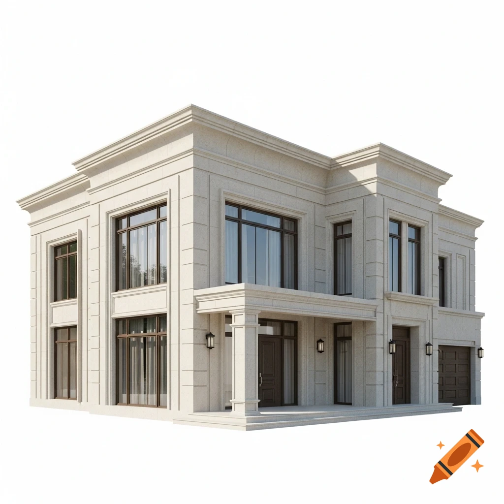 A modern two-story house with a light beige facade, dark windows, and doors on a white background.