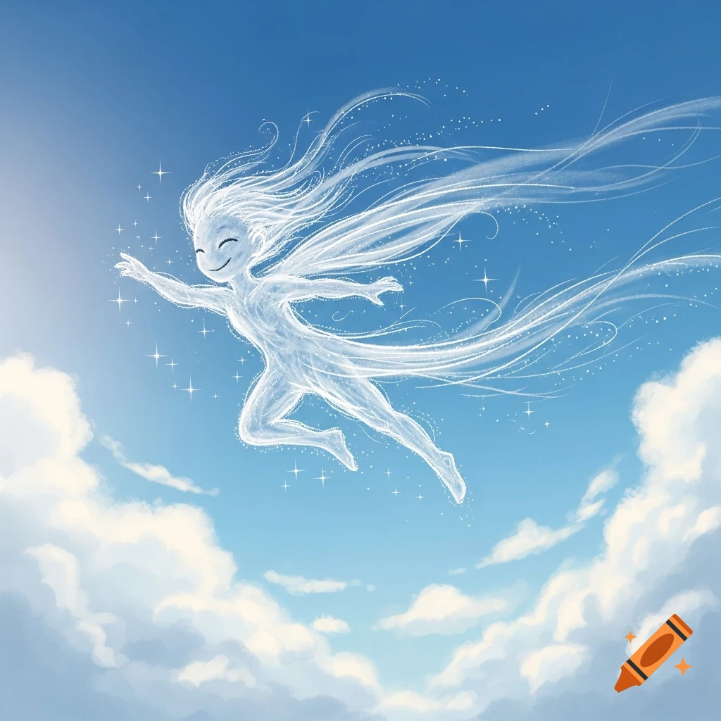 Whimsical wind spirit with flowing tendrils and a happy face flying through a blue sky with clouds and stars.