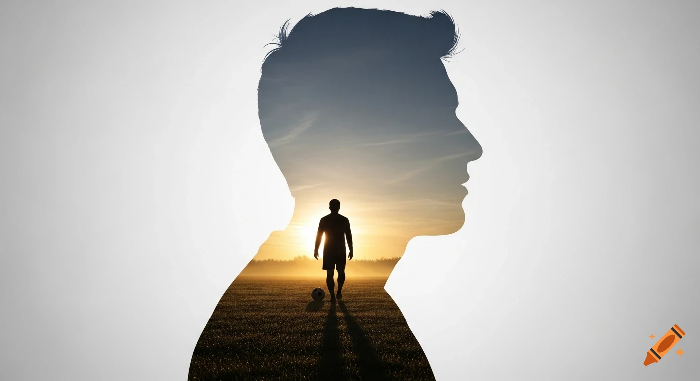 A double exposure image featuring a male head in profile, with a football player on a field at sunrise inside the silhouette.
