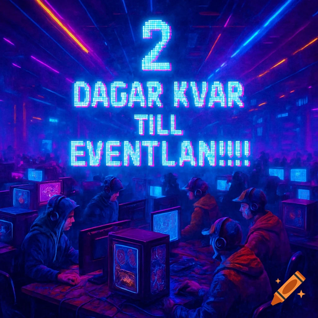 A cyberpunk-style LAN party scene with glowing neon text '2 DAGAR KVAR TILL EVENTLAN!!!!' above gamers at computers.