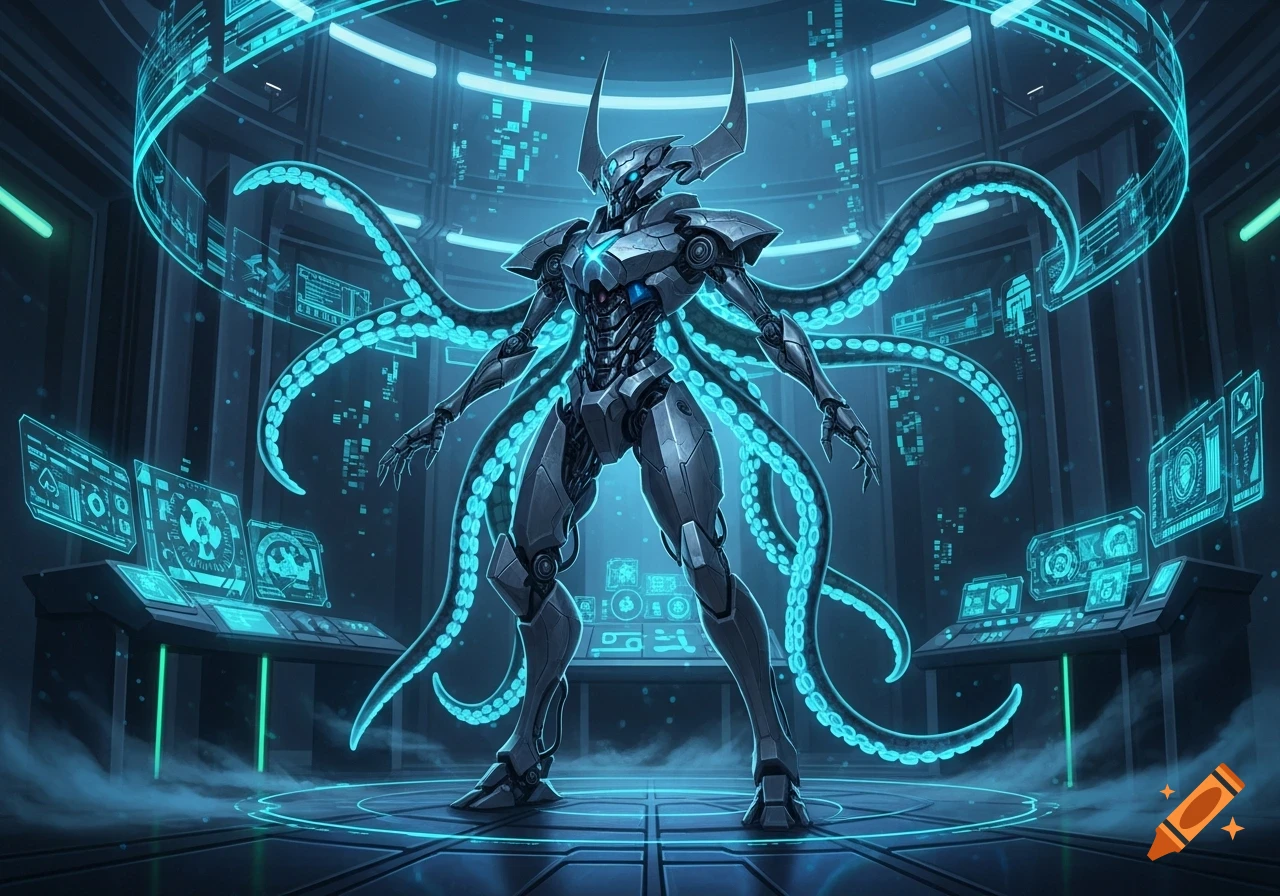 A large bipedal robot with glowing blue tentacles stands in a futuristic control room with holographic screens.