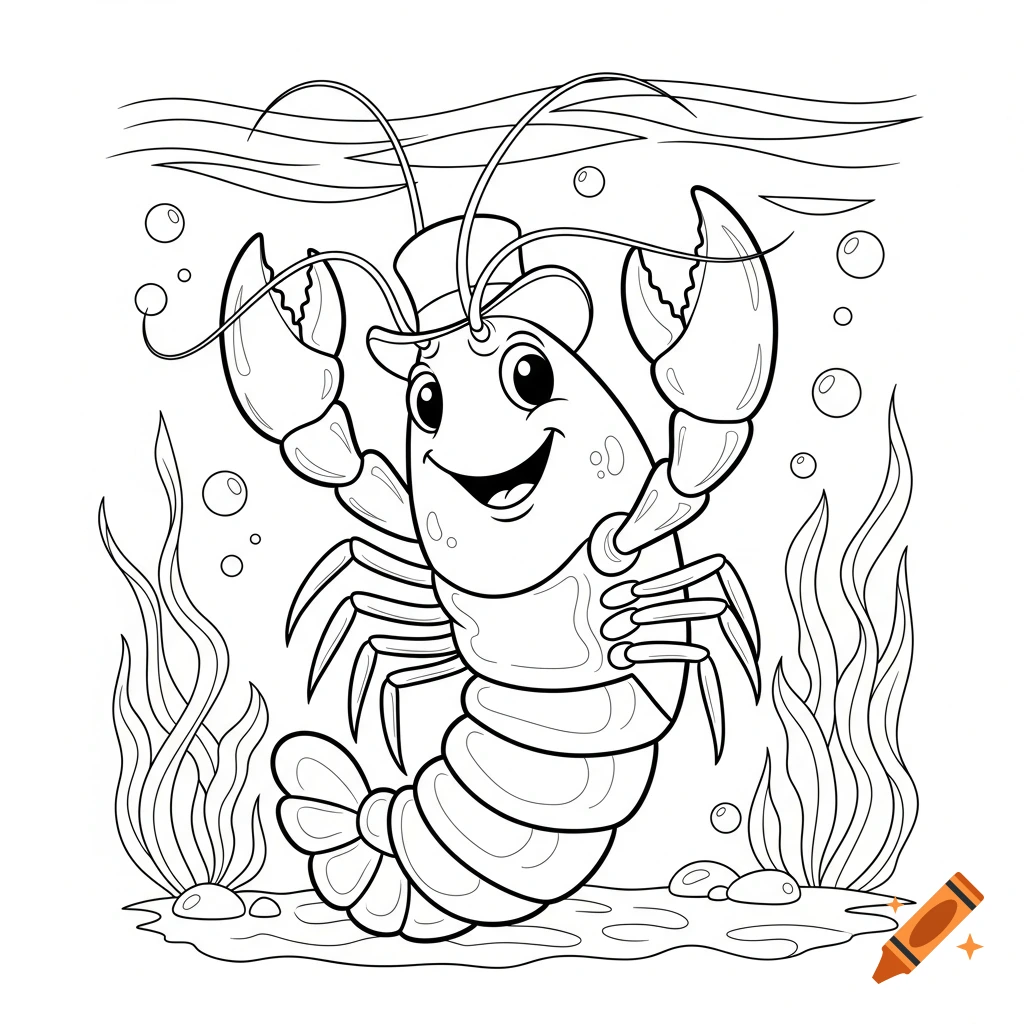 A smiling cartoon crawfish wearing a top hat, standing on the ocean floor surrounded by seaweed and bubbles, in a black and white coloring page style.