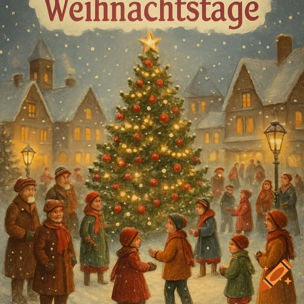 A snowy, painterly scene of a festive village square at night with a large decorated Christmas tree and many people gathered around, under the text "Weihnachtstage".