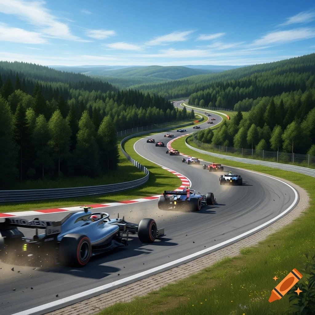 Formula 1 cars race on a winding track through a green forest under a clear blue sky, showing motion blur.