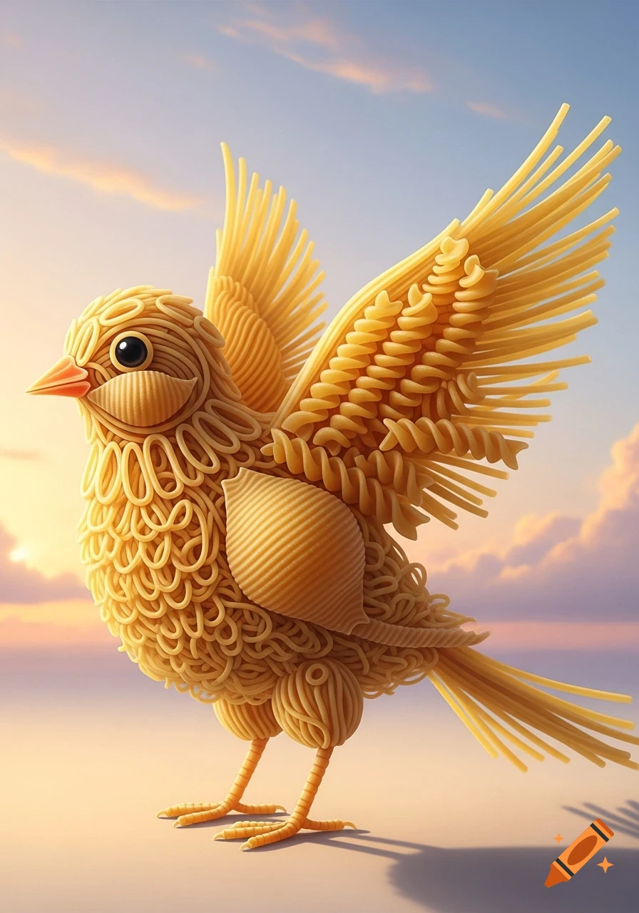A photorealistic bird crafted from various types of pasta, standing with wings spread against a cloudy sky at sunset.