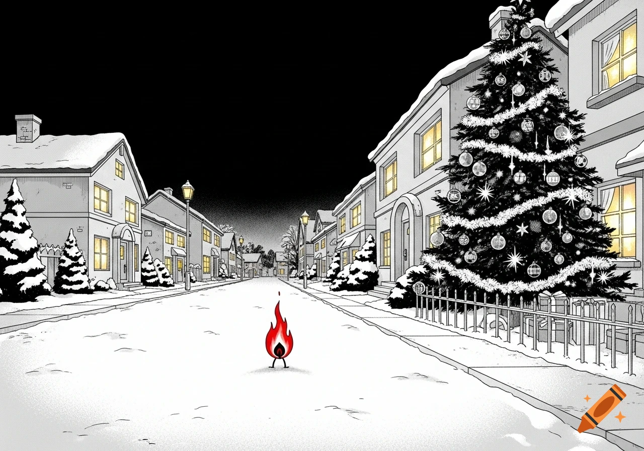 A black and white manga drawing of a snowy street lined with houses and a large decorated Christmas tree. A small red flame creature walks on the path.