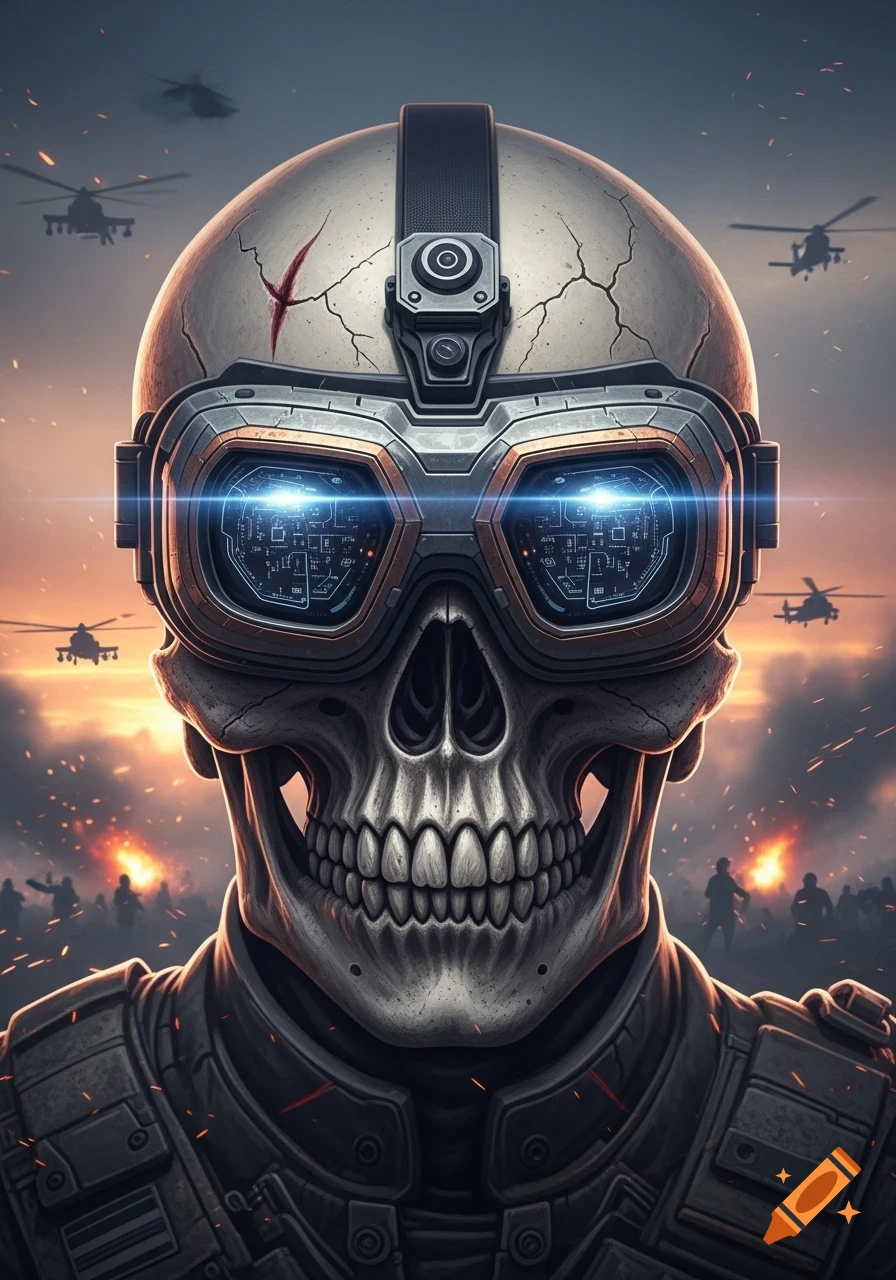 Close-up of a detailed military skull with glowing FPV drone goggles, set against a fiery warzone with helicopters and silhouetted soldiers at sunset.
