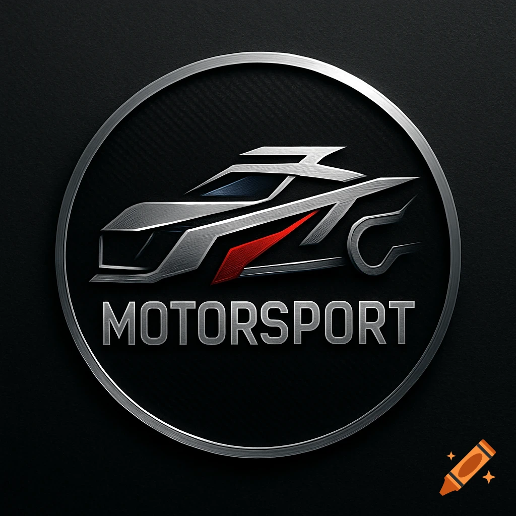Minimalist metallic motorsport logo with a stylized silver car and red accents in a circular frame.