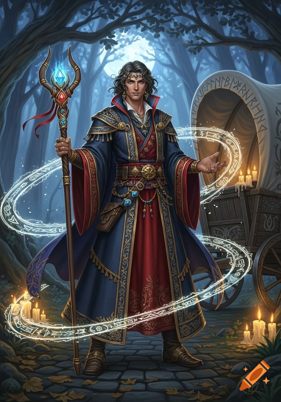 A male wizard in a blue and red robe holds a glowing staff and casts spells, standing in a moonlit forest near a rune-covered wagon.