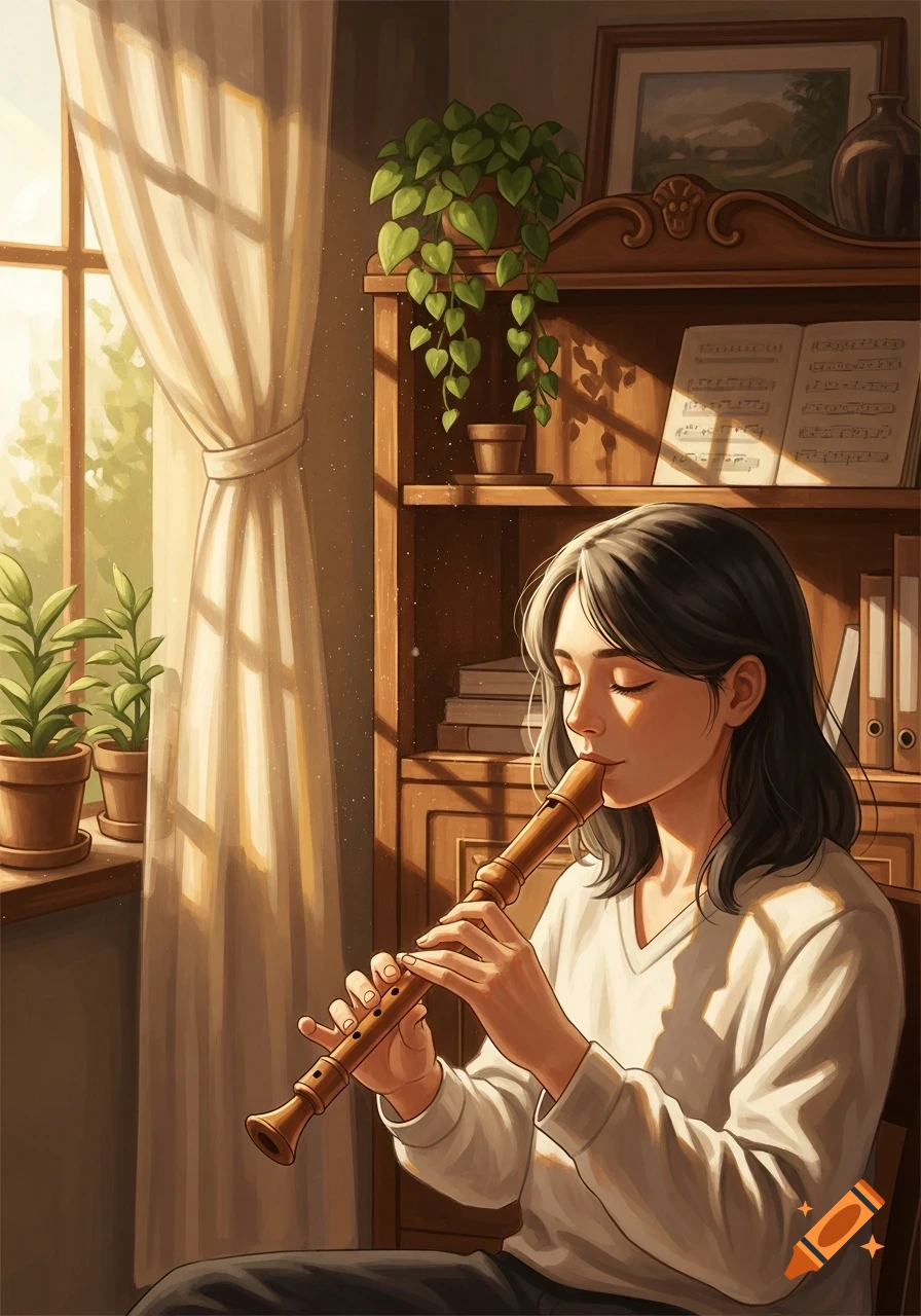 An illustrated young woman with dark hair plays a wooden recorder by a sunlit window in a cozy room with plants and a bookshelf.