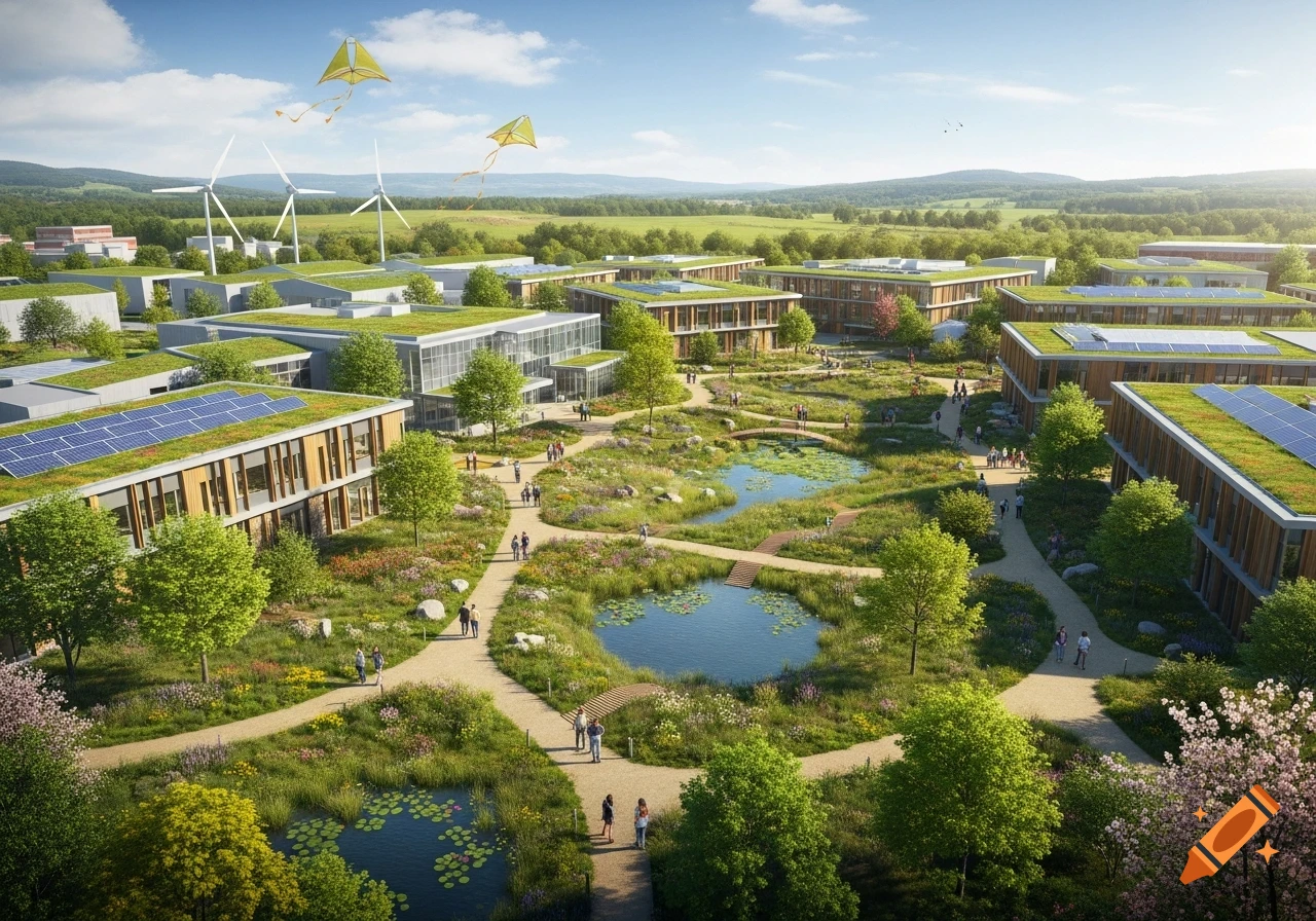 Aerial view of a sustainable campus with buildings, green roofs, solar panels, ponds, winding paths, and wind turbines.