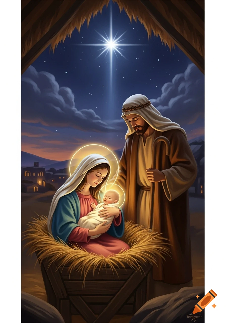 Digital painting of Mary holding baby Jesus in a stable, with Joseph standing beside them under a bright star in the night sky.