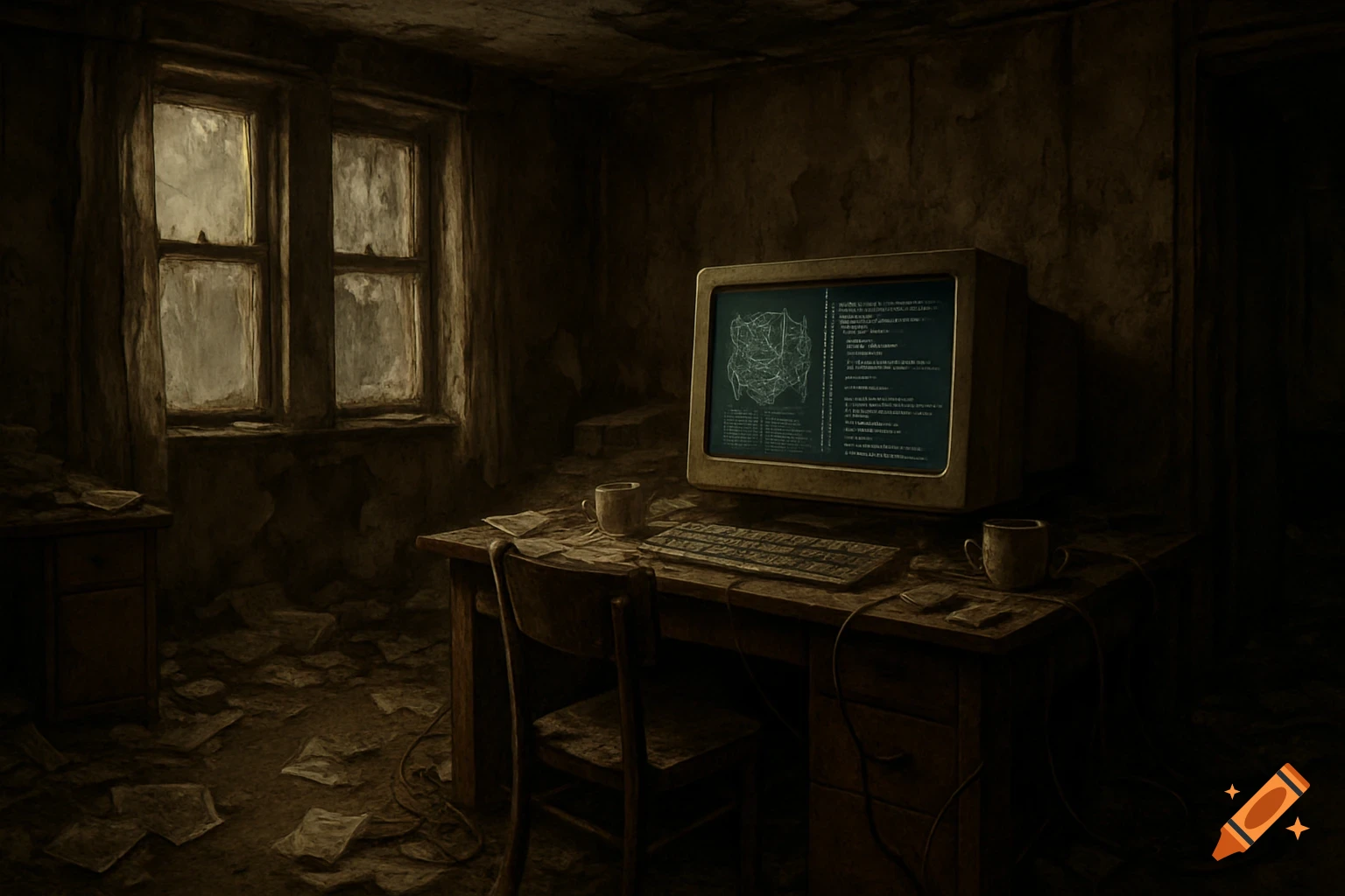 A dark, dilapidated room with a vintage computer displaying garbled code on a wooden desk, illuminated by a window.