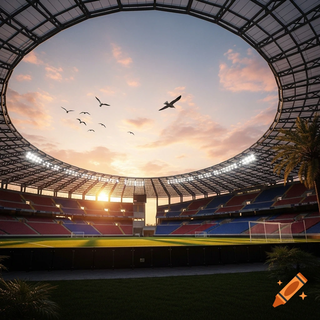 A photorealistic, empty stadium at sunset, with a circular opening to the sky, birds flying, and a green field.