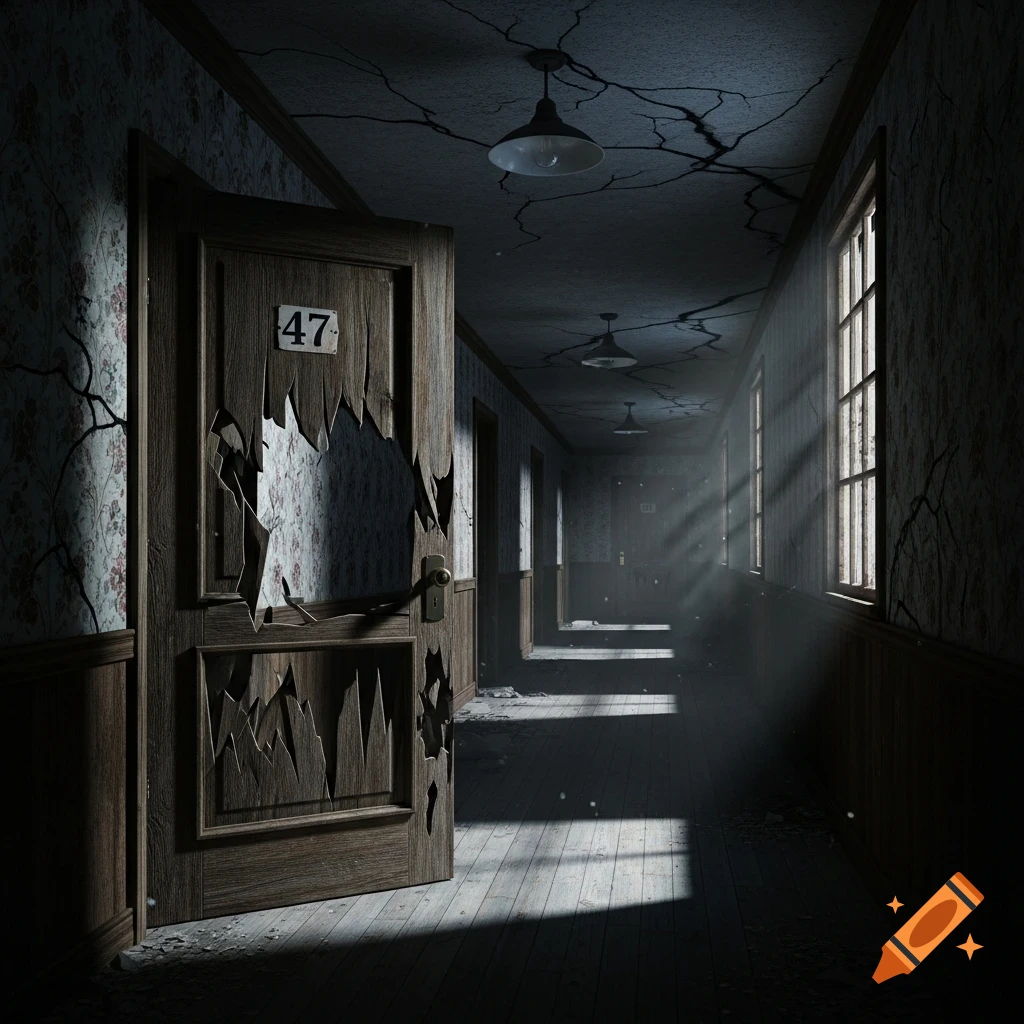 A dark, abandoned hotel corridor with a broken door marked 47, illuminated by cinematic light rays through a window.