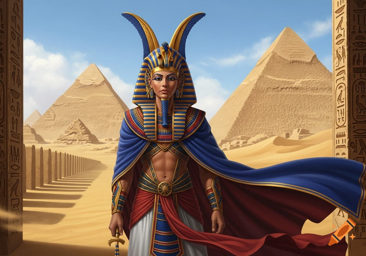 A photorealistic image of an ancient Egyptian pharaoh in ornate blue and gold ceremonial attire, standing in the desert with pyramids and hieroglyphs.