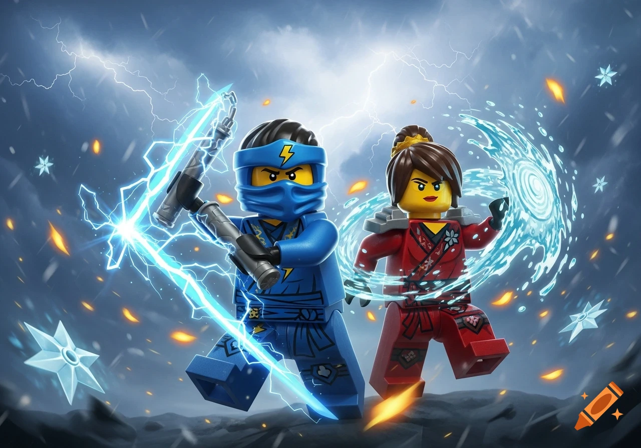 Two Lego Ninjago figures, a blue ninja with an electric sword and a red ninja with water powers, stand against a stormy, lightning-filled sky.