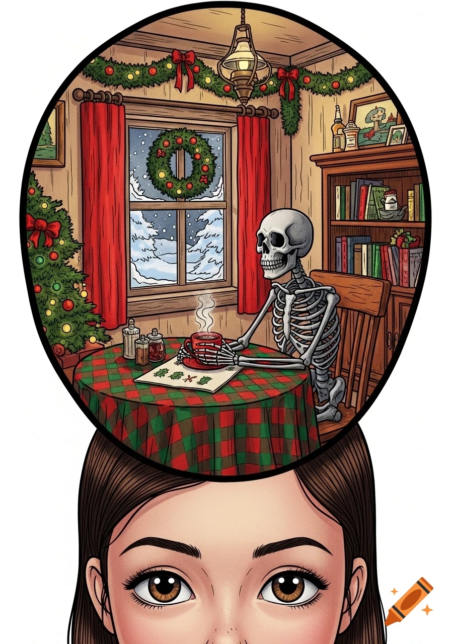 A cartoon girl's forehead reveals a Christmas room scene with a skeleton drinking coffee at a plaid-covered table, snow outside the window.