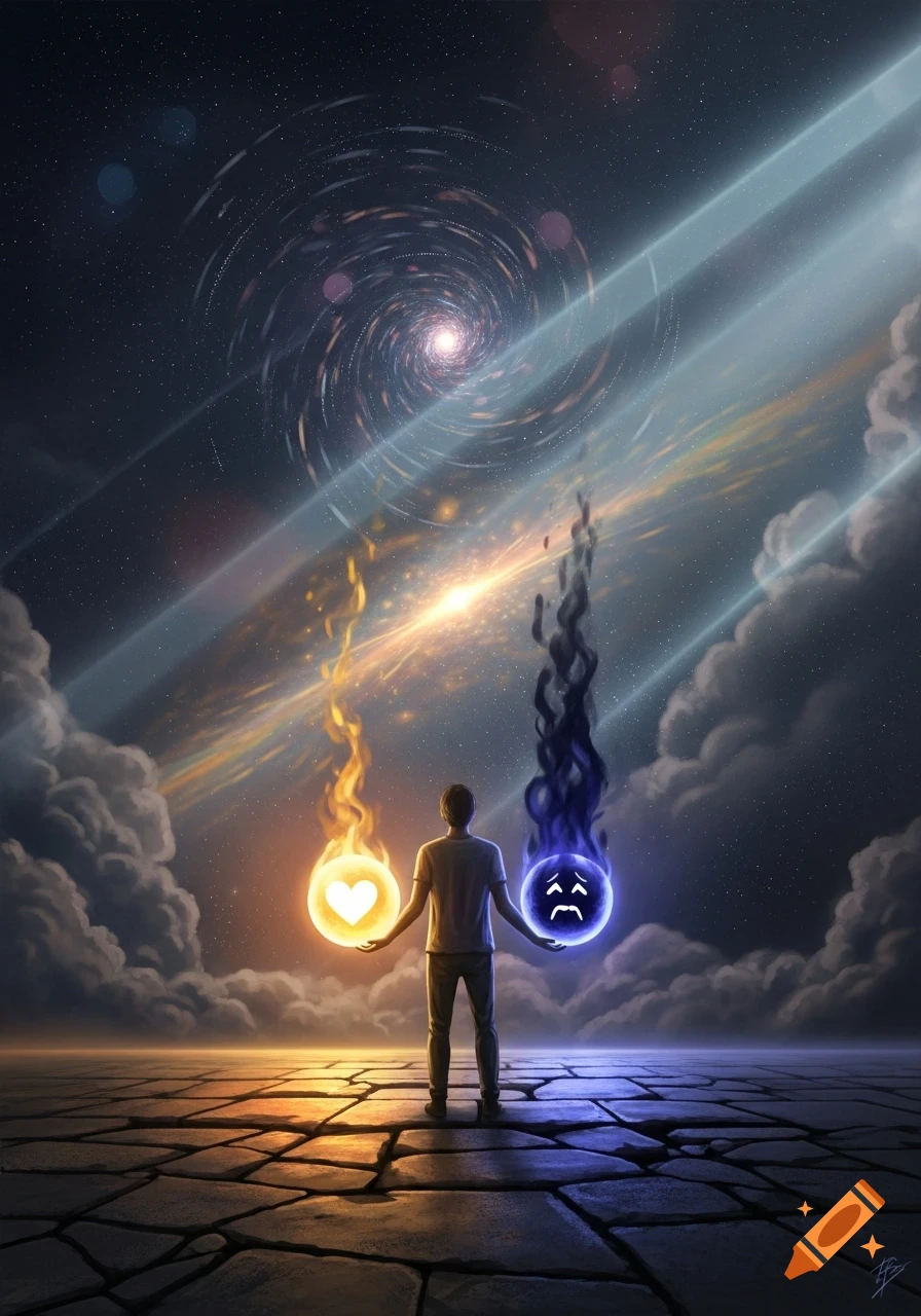 A person stands on a patterned ground under a cosmic sky, holding a glowing orange heart orb and a glowing blue sad face orb, digital art.