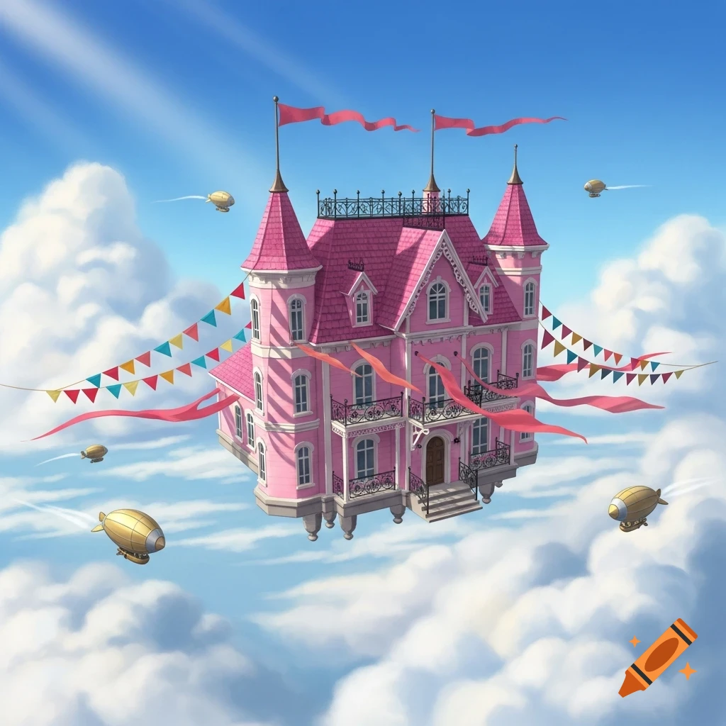A whimsical pink Victorian-style house floats in a cloudy blue sky, adorned with flags and bunting, surrounded by golden airships.