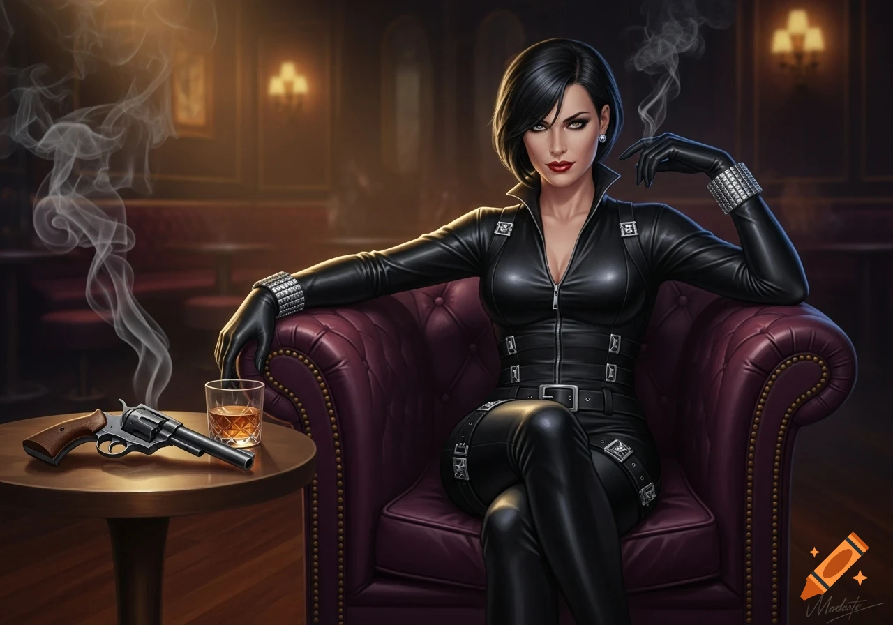 A confident woman in a black leather catsuit sits in a purple armchair, with a revolver and whiskey on a table, smoke rising. Illustration.