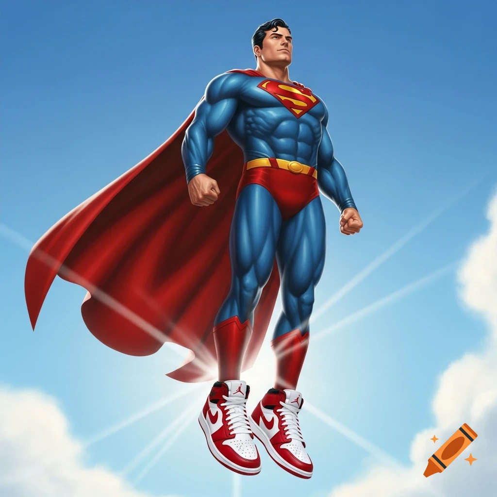 Superman in his iconic suit and red and white Air Jordan sneakers flying under a bright blue sky.