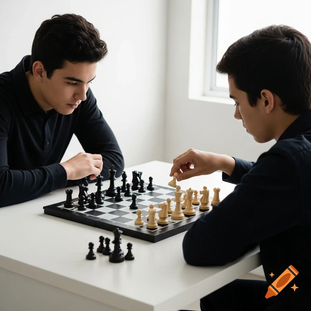 Two young men in black shirts play chess on a white table in a brightly lit room with a window.